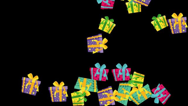 Falling Gifts Boxes different shapes and colors with ribbons on transparent Background. For Your Christmas, New Year or  Birthday Related Projects. Flat Vector Animation for overlay on your video.