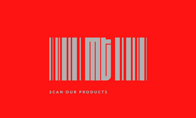 Premade barcode logo initials monogram  silver modern bar code on red background