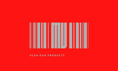 Premade barcode logo initials monogram  silver modern bar code on red background