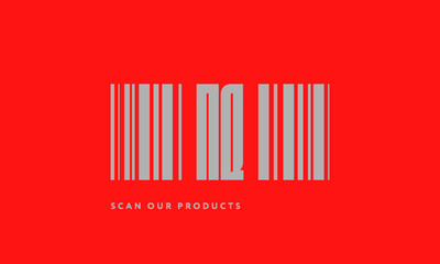 Premade barcode logo initials monogram  silver modern bar code on red background
