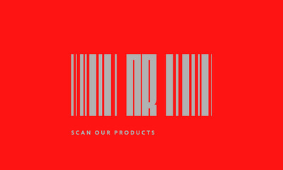 Premade barcode logo initials monogram  silver modern bar code on red background