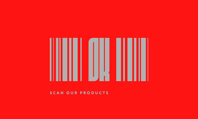 Premade barcode logo initials monogram  silver modern bar code on red background
