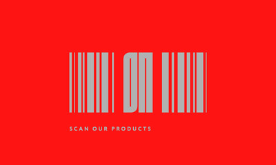 Premade barcode logo initials monogram  silver modern bar code on red background