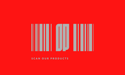 Premade barcode logo initials monogram  silver modern bar code on red background
