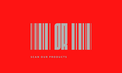 Premade barcode logo initials monogram  silver modern bar code on red background