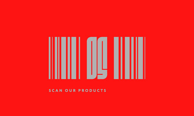 Premade barcode logo initials monogram  silver modern bar code on red background