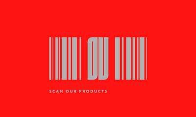 Premade barcode logo initials monogram  silver modern bar code on red background