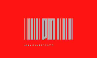 Premade barcode logo initials monogram  silver modern bar code on red background