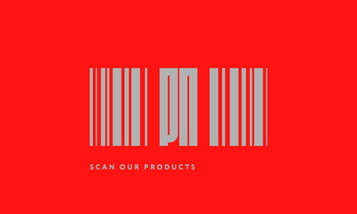 Premade barcode logo initials monogram  silver modern bar code on red background