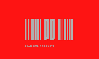 Premade barcode logo initials monogram  silver modern bar code on red background