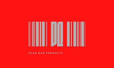 Premade barcode logo initials monogram  silver modern bar code on red background