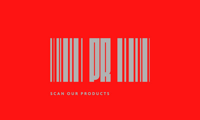 Premade barcode logo initials monogram  silver modern bar code on red background
