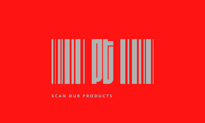 Premade barcode logo initials monogram  silver modern bar code on red background