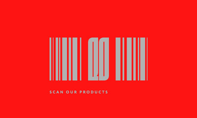 Premade barcode logo initials monogram  silver modern bar code on red background