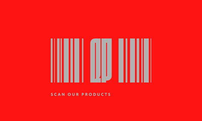 Premade barcode logo initials monogram  silver modern bar code on red background