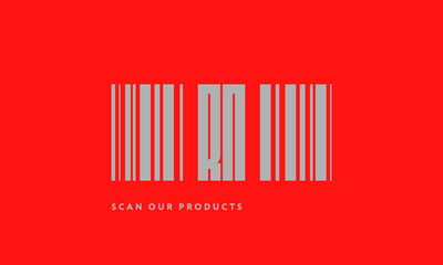 Premade barcode logo initials monogram  silver modern bar code on red background