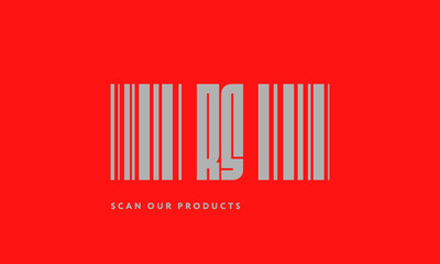 Premade barcode logo initials monogram  silver modern bar code on red background
