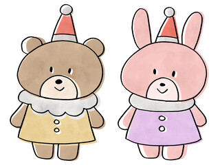 クリスマスをイメージしたクマとウサギ