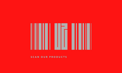 Premade barcode logo initials monogram  silver modern bar code on red background