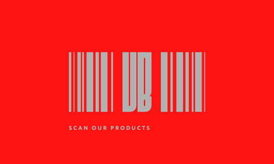 Premade barcode logo initials monogram  silver modern bar code on red background