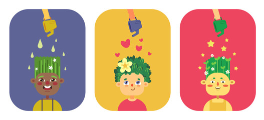 The idea of natural hair cosmetics. Children grow plants from their heads. Characters of different races with different hair types. A hair care product is applied on top.