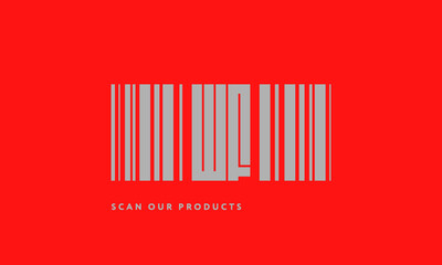 Premade barcode logo initials monogram  silver modern bar code on red background