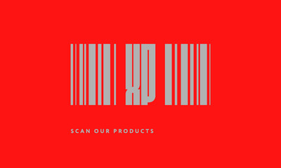 Premade barcode logo initials monogram  silver modern bar code on red background