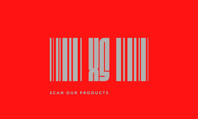 Premade barcode logo initials monogram  silver modern bar code on red background
