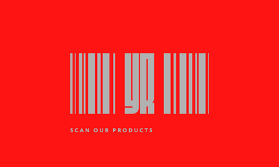 Premade barcode logo initials monogram  silver modern bar code on red background