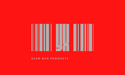 Premade barcode logo initials monogram  silver modern bar code on red background