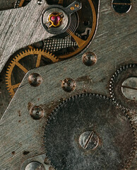 Vintage watch movement close - up. Selective focus on elements, macro photography. Background in steampunk style. Metallic grunge texture. Easy image tinting
