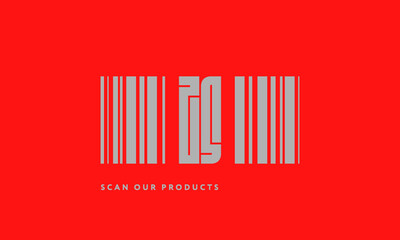 Premade barcode logo initials monogram  silver modern bar code on red background