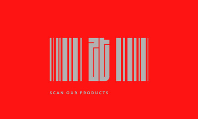 Premade barcode logo initials monogram  silver modern bar code on red background