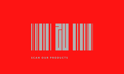 Premade barcode logo initials monogram  silver modern bar code on red background