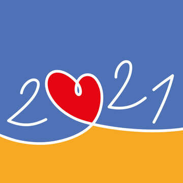 Carte de vœux 2021 sur le concept des rencontres et des relations amoureuses, symbolisé par un dessin au trait d’un coeur rouge sur fond coloré.