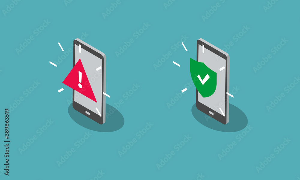 Aufkleber infected and protected smartphone symbols, isolated on blue background. flat design, easy to use for