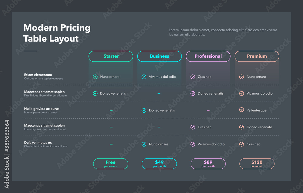 Poster Modern pricing table layout with four subscription plans - dark version. Flat infographic design template for website or presentation.