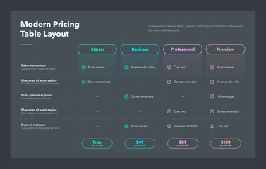 Modern pricing table layout with four subscription plans - dark version. Flat infographic design template for website or presentation.