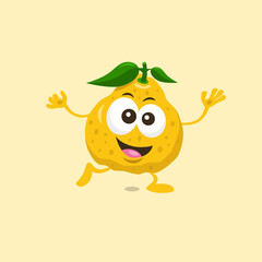 Illustration of cute happy ugli fruit mascot standing on one foot with big smile isolated on light background. Flat design style for your mascot branding.