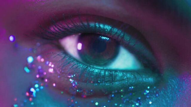 Female brown eyes in neon light. Young sexy girl in a nightclub. Macro look of the human eye. Fashionable glitter makeup on the face. Shining sparkles. Pink-blue-green color and new light, euphoria
