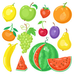 Set of colorful fruits and berries. Lemon, apple, strawberry, orange, tangerine, grape, cherry, plum, pear, banana, and watermelon. Isolated on white background. Vector flat illustration.