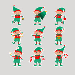 Christmas elves with gift, tree, ball, flantern, stars, garlands