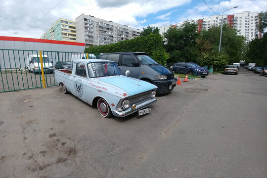 Moscow, Russia - May 03, 2019: IZH 2715. Retro custom car. Russian classic Pickup, reconstructed and tuned by low suspension. Front side view