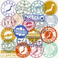 Obraz premium Nagasaki Japan Set of Stamps. Travel Stamp. Made In Product. Design Seals Old Style Insignia.