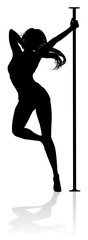 A woman pole dancer exercising for fitness in silhouette - obrazy, fototapety, plakaty