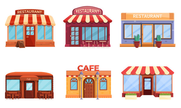 cartoon restaurants icons set, vector illustration