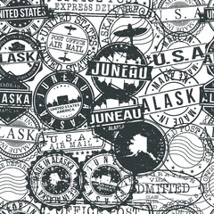 Juneau Alaska Stamps Background. City Stamp Vector Art. Postal Passport Travel. Design Set Pattern.
