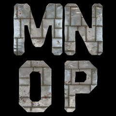 Set of capital letters M, N, O, P made of industrial metal isolated on black background. 3d