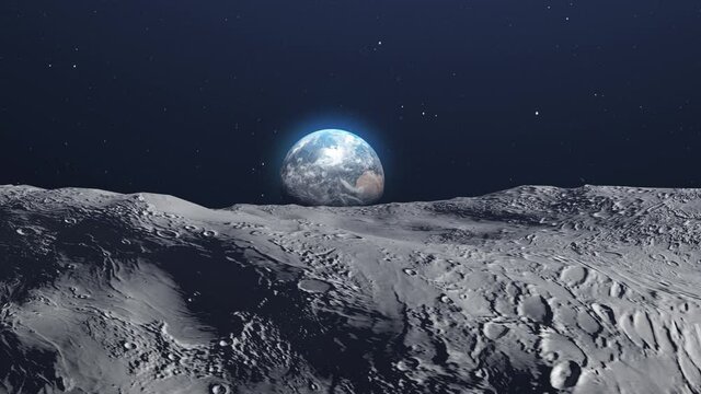 Planet Earth revealed from moon rocky surface
Realistic outer space view, 3d rendering cinematic vision, blue earth seen from the moon surface 
