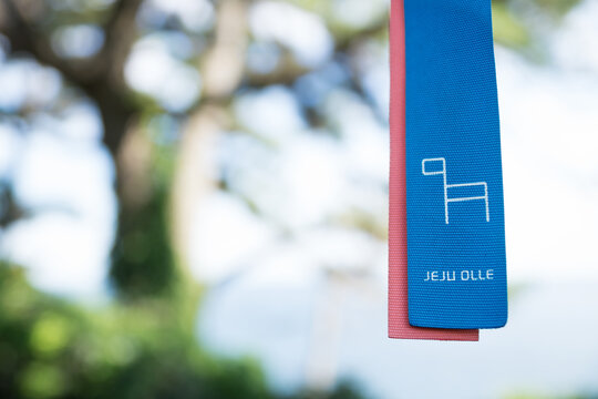 Jeju Olle ribbon as marker for trekking trails, Seogwipo, Jeju Island, South Korea